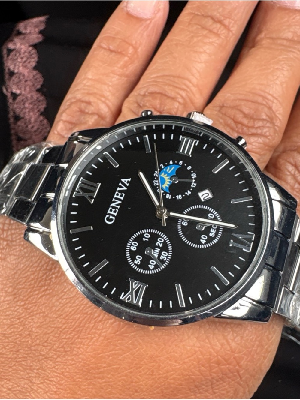 Geneva Black Dial Silver-Tone Dress Watch
